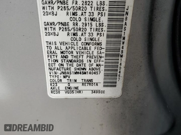 2011 Infiniti FX35 with VIN JN8AS1MW4BM140457, listed as a Copart auction lot 65316544 with 169,031 mi miles and Salvage Title. Bid and sale history available at carsss.com. Image 15.