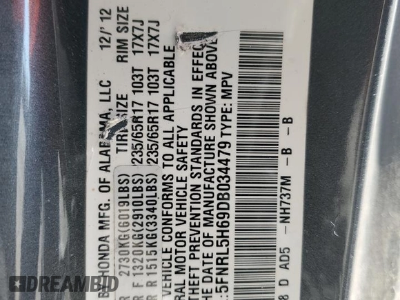2013 Honda Odyssey EX-L with VIN 5FNRL5H69DB034479, listed as a Copart auction lot 51789705 with 155,575 mi miles and Salvage Title. Bid and sale history available at carsss.com. Image 13.