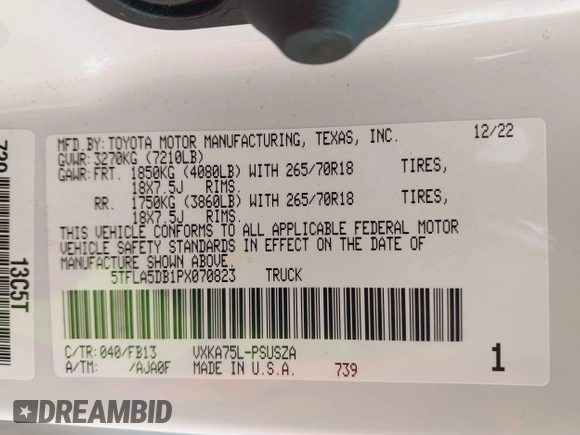 2023 Toyota Tundra SR5 with VIN 5TFLA5DB1PX070823, listed as a IAAI auction lot 42464005 with 41,772 mi miles and . Bid and sale history available at DreamBid. Image 9.