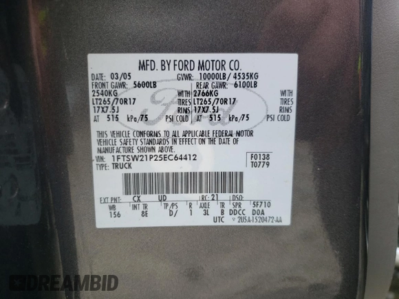 2005 Ford F-250 XL with VIN 1FTSW21P25EC64412, listed as a Copart auction lot 61992935 with 165,296 mi miles and Salvage title. Bid and sale history available at DreamBid. Image 12.