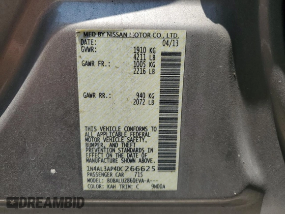 2013 Nissan Altima SL with VIN 1N4AL3AP4DC266625, listed as a Copart auction lot 62572325 with 124,141 mi miles and Salvage title. Bid and sale history available at DreamBid. Image 12.