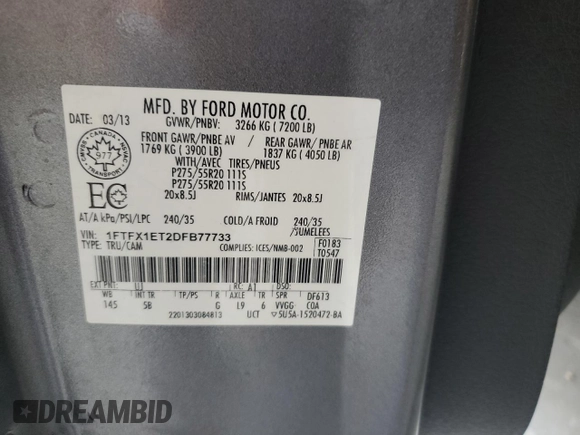 2013 Ford F-150 XL with VIN 1FTFX1ET2DFB77733, listed as a Copart auction lot 59107995 with Not provided miles and Salvage title. Bid and sale history available at DreamBid. Image 12.