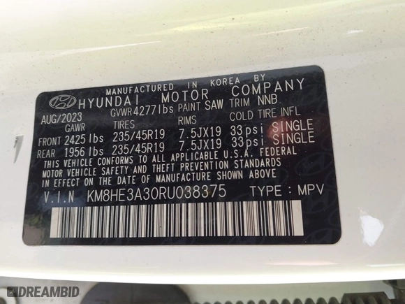 2024 Hyundai Kona Limited with VIN KM8HE3A30RU038375, listed as a IAAI auction lot 41374168 with 41,521 mi miles. Bid and sale history available at carsss.com. Image 9.