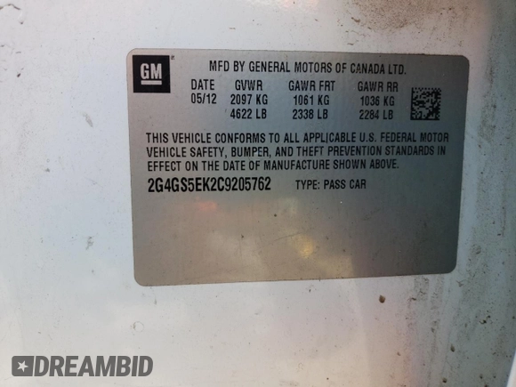 2012 Buick Regal Premium 1 with VIN 2G4GS5EK2C9205762, listed as a Copart auction lot 58182365 with 148,064 mi miles and Salvage title. Bid and sale history available at DreamBid. Image 12.