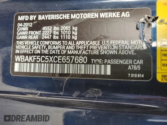 2012 BMW 3 Series 328i xDrive with VIN WBAKF5C5XCE657680, listed as a Copart auction lot 49823155 with 151,271 mi miles and Salvage Title. Bid and sale history available at carsss.com. Image 12.