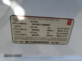 2016 Tesla Model X P90D with VIN 5YJXCBE48GF000255, listed as a Copart auction lot 49186565 with 0 mi miles and Salvage Title. Bid and sale history available at carsss.com. Image 13.