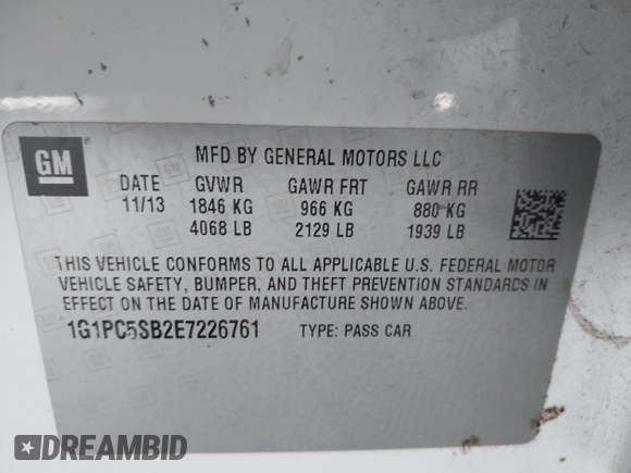 2014 Chevrolet Cruze 1LT with VIN 1G1PC5SB2E7226761, listed as a IAAI auction lot 42029133 with 153,738 mi miles and . Bid and sale history available at DreamBid. Image 9.