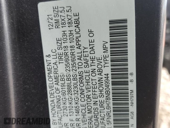 2022 Honda Odyssey EX-L z VIN 5FNRL6H78NB049944, wystawiony jako Copart lot #52403275 z przebiegiem Nie podano mil oraz Szkoda całkowita • Salvage title. Historia ofert i sprzedaży dostępna na DreamBid. Obrazek 16.