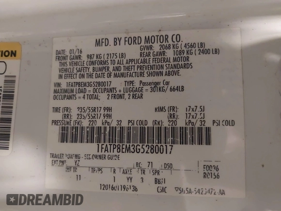 2016 Ford Mustang V6 with VIN 1FATP8EM3G5280017, listed as a IAAI auction lot 41608143 with 124,592 mi miles and . Bid and sale history available at DreamBid. Image 9.
