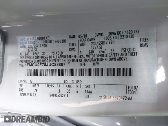 2018 Ford Escape S with VIN 1FMCU0F78JUC83887, listed as a IAAI auction lot 41614308 with 53,384 mi miles and . Bid and sale history available at DreamBid. Image 9.