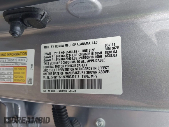 2021 Honda Pilot EX z VIN 5FNYF5H3XMB030112, wystawiony jako IAAI lot #42204148 z przebiegiem 96 182 mil mil oraz . Historia ofert i sprzedaży dostępna na DreamBid. Obrazek 9.
