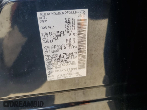 2020 Infiniti QX60 Signature Edition with VIN 5N1DL0MM5LC521896, listed as a Copart auction lot 56914625 with 67,367 mi miles and Salvage title. Bid and sale history available at DreamBid. Image 14.