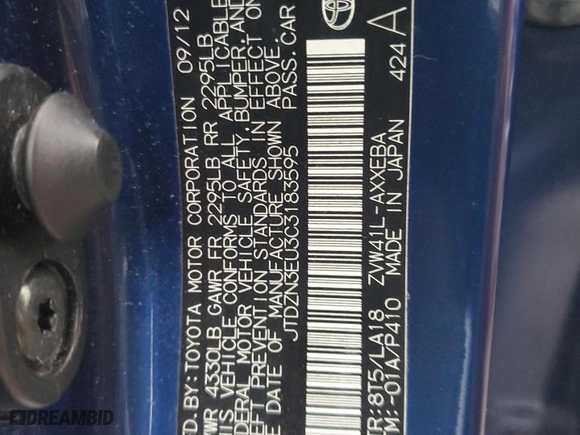 2012 Toyota Prius v Two with VIN JTDZN3EU3C3183595, listed as a Copart auction lot 88448635 with 0 mi miles and Salvage Title. Bid and sale history available at carsss.com. Image 12.