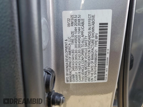 2022 Honda Passport Elite z VIN 5FNYF8H05NB029121, wystawiony jako Copart lot #84228064 z przebiegiem 25 154 mil mil oraz Szkoda całkowita • Salvage title. Historia ofert i sprzedaży dostępna na DreamBid. Obrazek 13.