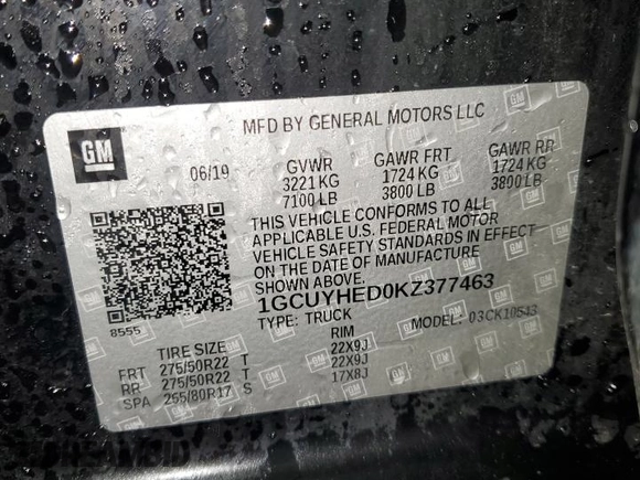 2019 Chevrolet Silverado 1500 High Country with VIN 1GCUYHED0KZ377463, listed as a Copart auction lot 83094554 with 162,921 mi miles and Salvage Title. Bid and sale history available at carsss.com. Image 12.