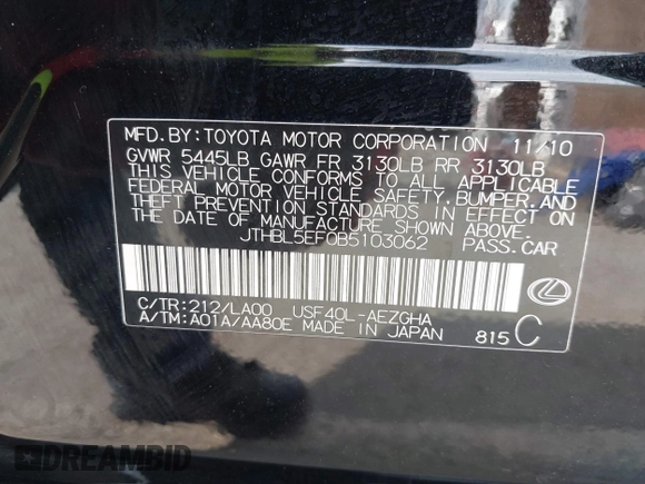 2011 Lexus LS 460 с VIN JTHBL5EF0B5103062, выставлен на аукционе IAAI как лот 41757593 с пробегом 86 629 миль миль и . История ставок и продаж доступна на DreamBid. Изображение 9.