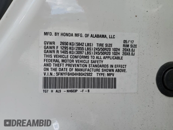 2017 Honda Pilot Elite with VIN 5FNYF6H04HB042922, listed as a Copart auction lot 44606285 with 126,089 mi miles and Salvage Title. Bid and sale history available at DreamBid. Image 13.