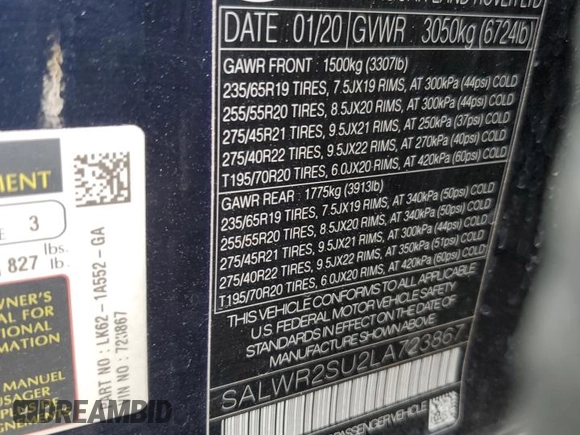 2020 Land Rover Range Rover Sport HSE with VIN SALWR2SU2LA723867, listed as a Copart auction lot 51534245 with 70,276 mi miles and Salvage title. Bid and sale history available at DreamBid. Image 13.