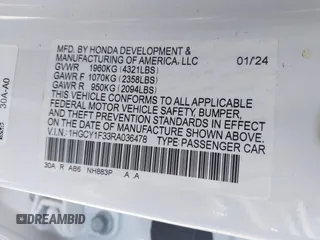 2024 Honda Accord EX with VIN 1HGCY1F33RA036478, listed as a IAAI auction lot 41882062 with 2,364 mi miles and . Bid and sale history available at DreamBid. Image 9.