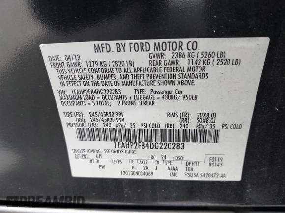 2013 Ford Taurus Limited with VIN 1FAHP2F84DG220283, listed as a IAAI auction lot 40045974 with 155,409 mi miles and . Bid and sale history available at DreamBid. Image 9.