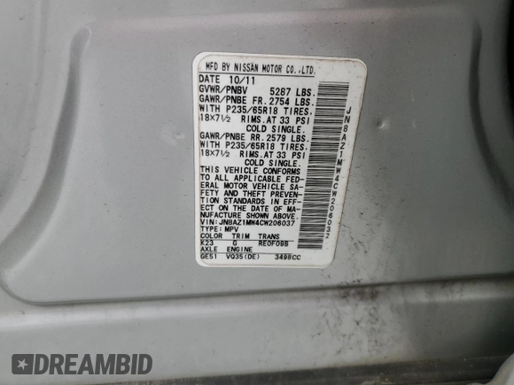 2012 Nissan Murano S with VIN JN8AZ1MW4CW206037, listed as a Copart auction lot 49327285 with 203,549 mi miles and Salvage Title. Bid and sale history available at DreamBid. Image 14.