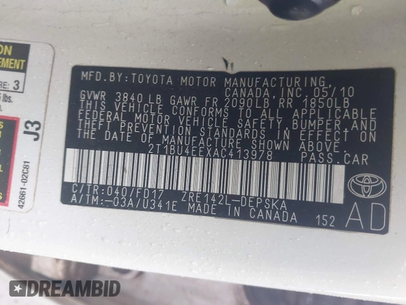 2010 Toyota Corolla with VIN 2T1BU4EEXAC413978, listed as a IAAI auction lot 41953898 with 121,676 mi miles. Bid and sale history available at carsss.com. Image 9.