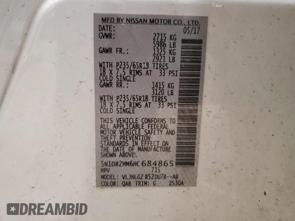 2017 Nissan Pathfinder SL with VIN 5N1DR2MM6HC684865, listed as a Copart auction lot 54180065 with 141,716 mi miles and Clean Title. Bid and sale history available at DreamBid. Image 13.