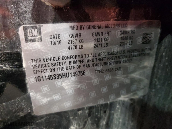 2017 Chevrolet Impala Premier with VIN 1G1145S35HU149756, listed as a Copart auction lot 44719005 with 174,393 mi miles and Salvage Title. Bid and sale history available at carsss.com. Image 12.