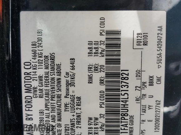 2020 Ford Mustang EcoBoost с VIN 1FATP8UH4L5137821, выставлен на аукционе Copart как лот 58834615 с пробегом 102 707 миль миль и Списание • Salvage title. История ставок и продаж доступна на DreamBid. Изображение 13.
