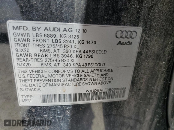 2011 Audi Q7 S line with VIN WA1DGAFE3BD006595, listed as a Copart auction lot 61010615 with 184,175 mi miles and Salvage title. Bid and sale history available at DreamBid. Image 14.