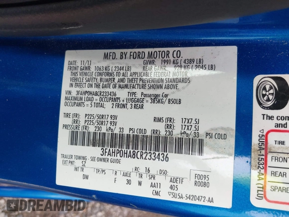 2012 Ford Fusion SE with VIN 3FAHP0HA8CR233436, listed as a IAAI auction lot 42708333 with 175,783 mi miles and . Bid and sale history available at DreamBid. Image 9.