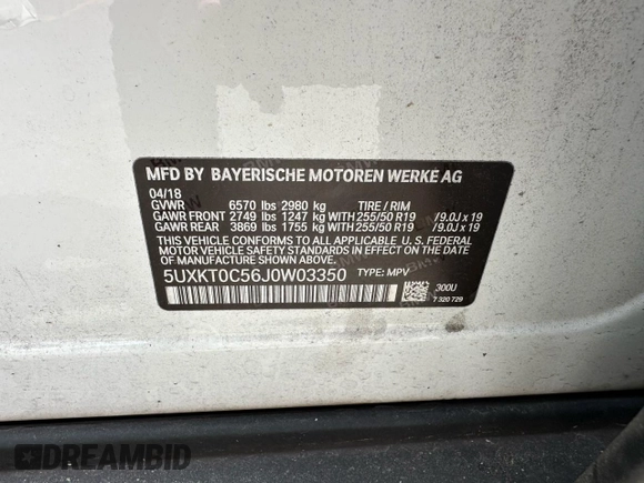 2018 BMW X5 xDrive40e iPerformance with VIN 5UXKT0C56J0W03350, listed as a Copart auction lot 51878005 with 48,419 mi miles and Clean Title. Bid and sale history available at carsss.com. Image 10.