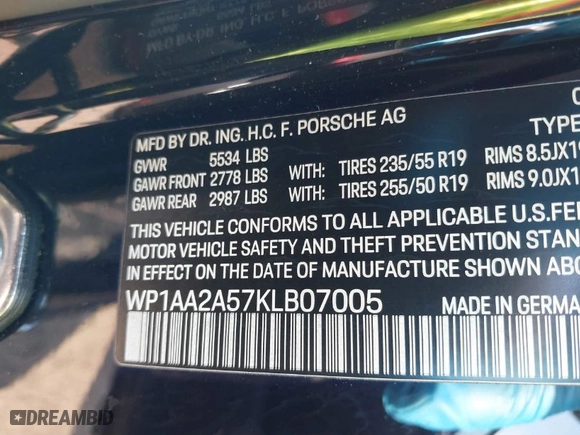 2019 Porsche Macan with VIN WP1AA2A57KLB07005, listed as a IAAI auction lot 41687951 with NaN miles. Bid and sale history available at carsss.com. Image 9.