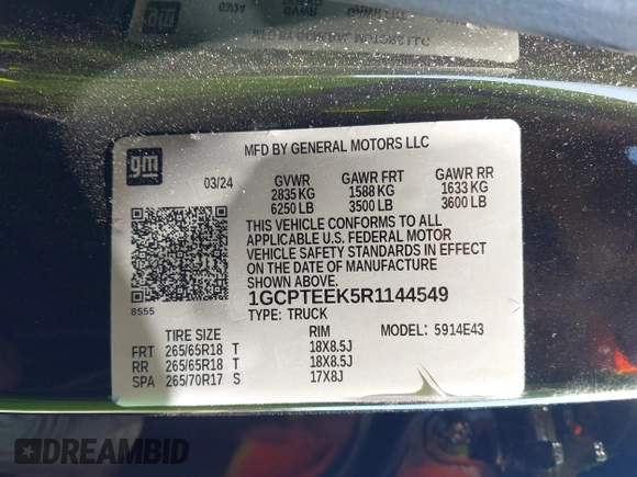 2024 Chevrolet Colorado 4WD Trail Boss z VIN 1GCPTEEK5R1144549, wystawiony jako IAAI lot #42754175 z przebiegiem Nie podano mil oraz . Historia ofert i sprzedaży dostępna na DreamBid. Obrazek 9.