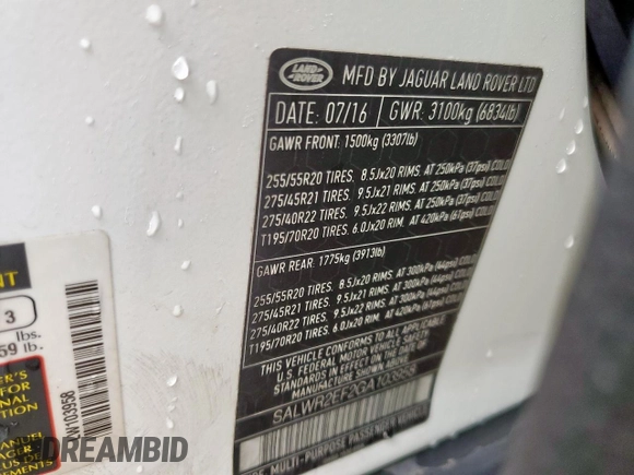 2016 Land Rover Range Rover Sport Dynamic with VIN SALWR2EF2GA103958, listed as a Copart auction lot 60882955 with Not provided miles and Non repairable. Bid and sale history available at DreamBid. Image 13.