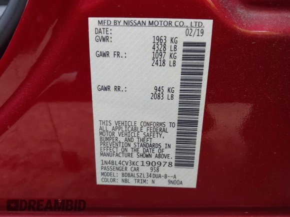 2019 Nissan Altima 2.5 SR with VIN 1N4BL4CV3KC190978, listed as a IAAI auction lot 41908132 with 95,414 mi miles. Bid and sale history available at carsss.com. Image 9.