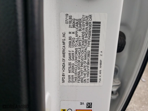2019 Honda Accord Sedan Sport 1.5T with VIN 1HGCV1F38KA139832, listed as a Copart auction lot 44224815 with 64,746 mi miles and Salvage Title. Bid and sale history available at carsss.com. Image 14.