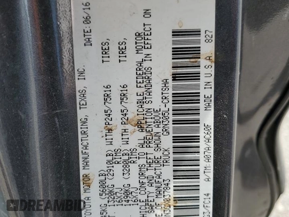 2016 Toyota Tacoma SR5 with VIN 5TFSZ5AN3GX037843, listed as a Copart auction lot 64156795 with Not provided miles and Salvage title. Bid and sale history available at DreamBid. Image 12.