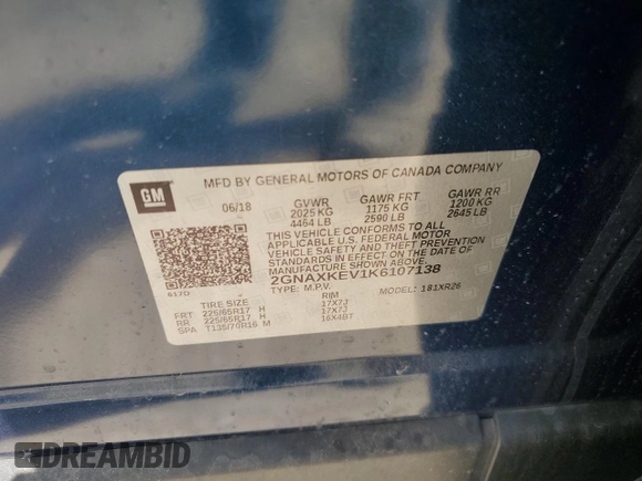 2019 Chevrolet Equinox LT with VIN 2GNAXKEV1K6107138, listed as a Copart auction lot 50838785 with 33,006 mi miles and Salvage Title. Bid and sale history available at DreamBid. Image 15.