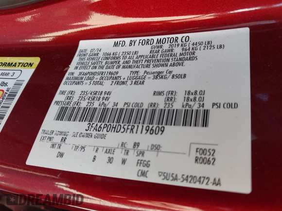 2015 Ford Fusion SE with VIN 3FA6P0HD5FR119609, listed as a IAAI auction lot 41892183 with 146,321 mi miles. Bid and sale history available at carsss.com. Image 9.