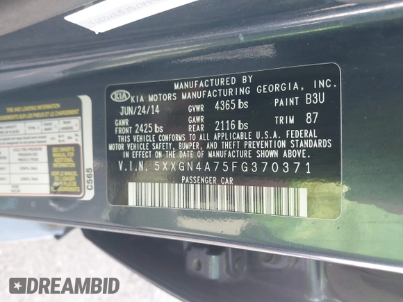 2015 Kia Optima EX with VIN 5XXGN4A75FG370371, listed as a IAAI auction lot 41803400 with 87,138 mi miles. Bid and sale history available at carsss.com. Image 9.