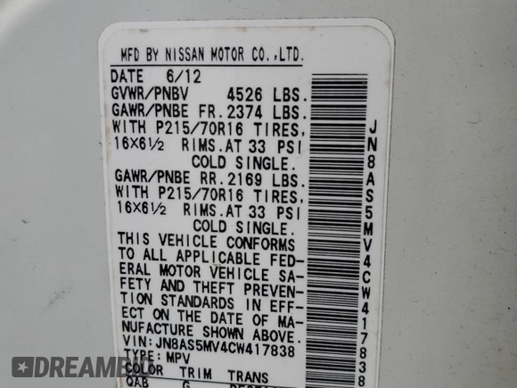 2012 Nissan Rogue SV with VIN JN8AS5MV4CW417838, listed as a Copart auction lot 88150125 with 148,821 mi miles and Salvage Title. Bid and sale history available at carsss.com. Image 15.