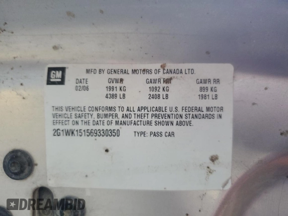 2006 Chevrolet Monte Carlo LT 3.9L z VIN 2G1WK151569330350, wystawiony jako Copart lot #54158595 z przebiegiem Nie podano mil oraz Szkoda całkowita • Salvage title. Historia ofert i sprzedaży dostępna na DreamBid. Obrazek 12.