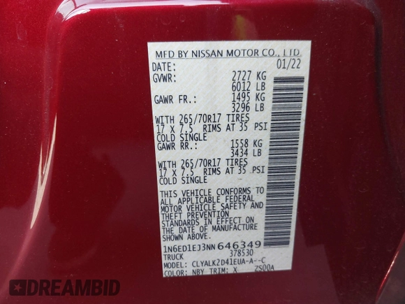 2022 Nissan Frontier SV with VIN 1N6ED1EJ3NN646349, listed as a IAAI auction lot 41694649 with 24,013 mi miles and . Bid and sale history available at DreamBid. Image 9.