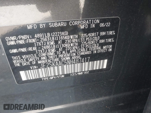 2022 Subaru Forester with VIN JF2SKAAC5NH487417, listed as a IAAI auction lot 41689991 with 20,075 mi miles and . Bid and sale history available at DreamBid. Image 9.