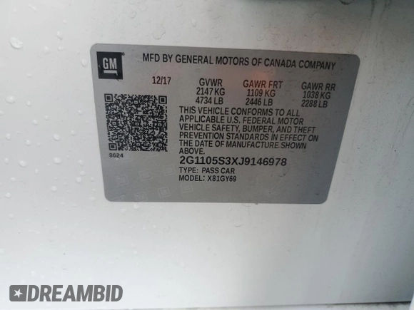 2018 Chevrolet Impala LT with VIN 2G1105S3XJ9146978, listed as a Copart auction lot 50801385 with 97,832 mi miles and Salvage Title. Bid and sale history available at DreamBid. Image 13.