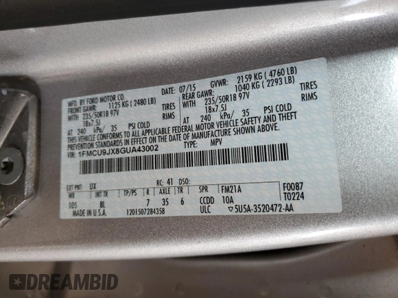 2016 Ford Escape Titanium with VIN 1FMCU9JX8GUA43002, listed as a Copart auction lot 52106635 with 96,340 mi miles and Clean Title. Bid and sale history available at carsss.com. Image 12.