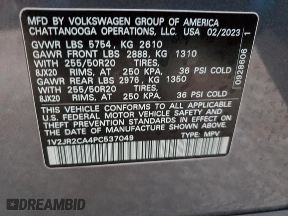 2023 Volkswagen Atlas SE with VIN 1V2JR2CA4PC537049, listed as a Copart auction lot 44129915 with 26,340 mi miles and Salvage title. Bid and sale history available at DreamBid. Image 15.