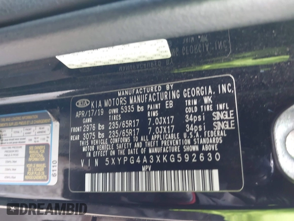 2019 Kia Sorento L with VIN 5XYPG4A3XKG592630, listed as a IAAI auction lot 41530985 with 84,991 mi miles. Bid and sale history available at carsss.com. Image 9.