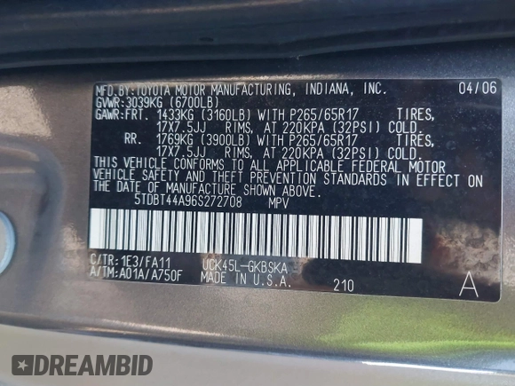 2006 Toyota Sequoia SR5 with VIN 5TDBT44A96S272708, listed as a IAAI auction lot 41848457 with 165,207 mi miles and . Bid and sale history available at DreamBid. Image 9.